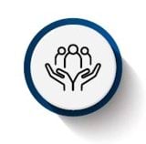 The community safety icon shows the black and white outline of a pair of hands cradling three people and is surrounded by a dark blue circle border.