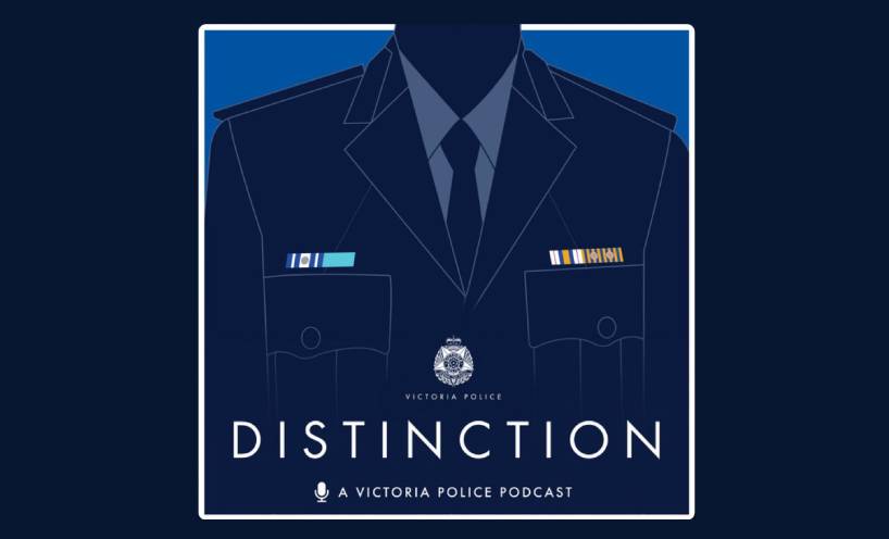 The Distinction podcast graphic, the outline of an officer in a suit, wearing different coloured service stripes. 