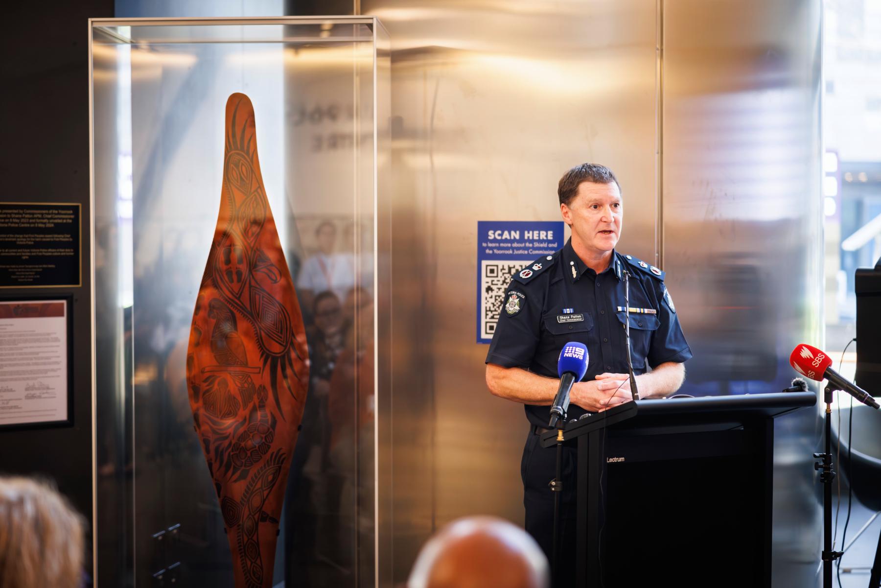The Chief Commissioner of Police, Shane Patton speaking at the Unveiling of the Shield event.