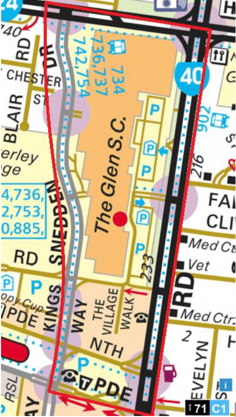 The Glen Shopping Centre bounded by Springvale Road, High Street Road, Snedden Drive continuing through into Kingsway and Coleman Parade, Glen Waverley 3150.