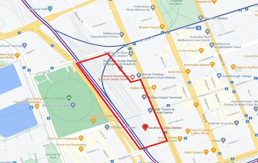 Map of the area within the intersection of Southern Cross Railway Station and surrounding area encompassing Collins Street, Spencer Street including Bourke Street Pedestrian Bridge, Lonsdale Street West of Spencer Street, LaTrobe Street and Wurundjeri Way.