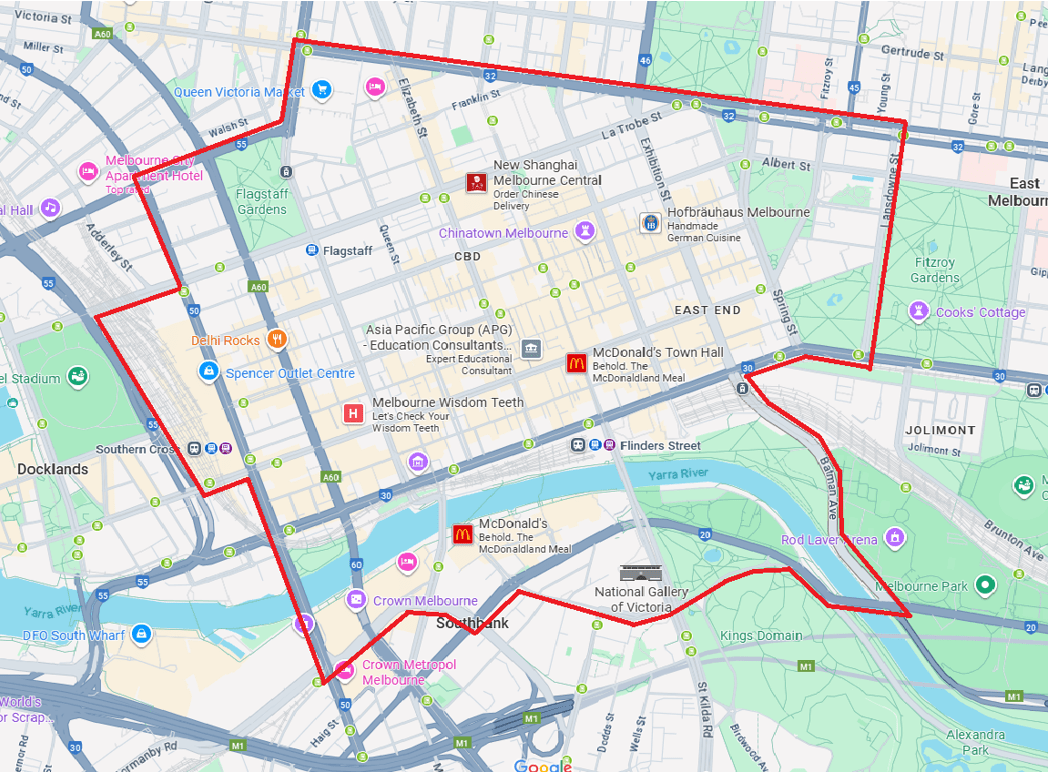 Map of the of area designated area around Melbourne CBD. 