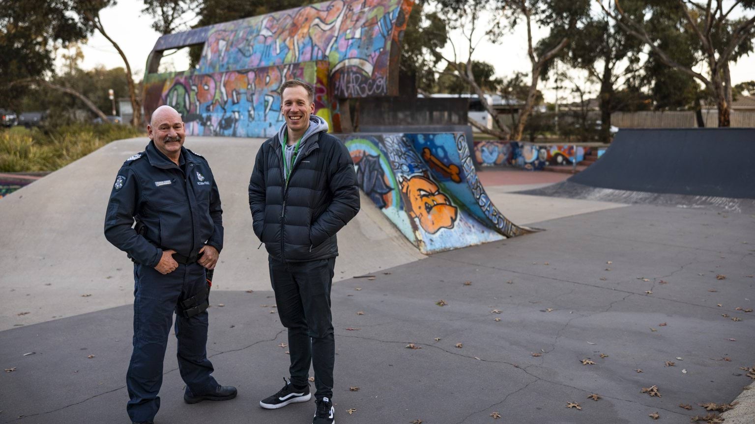 News - Police Life - Reach out to reduce crime - Sen Sgt Robbie Adams and youth worker Luke McConnell at Werribee skate park - 1280x720 - feature