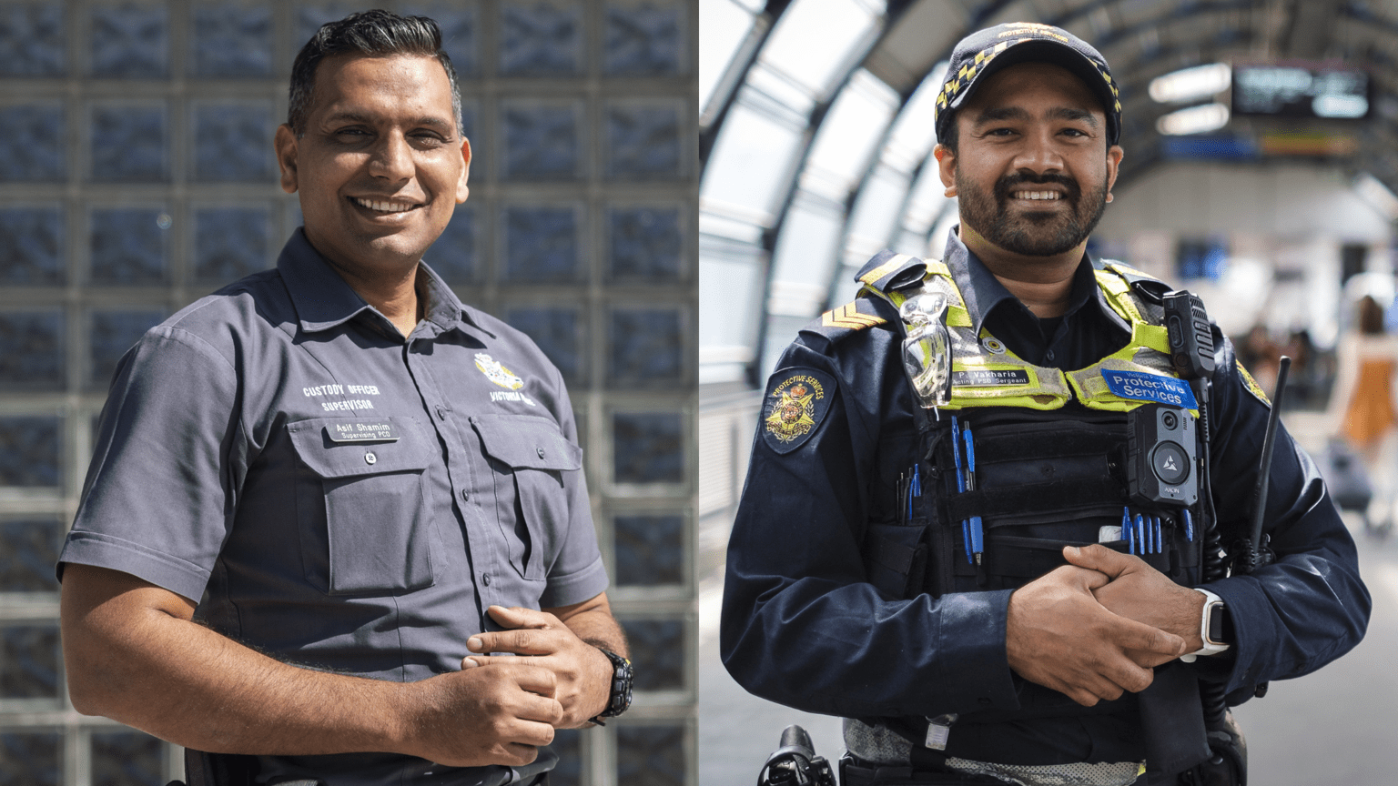 Police Life - A police custody officer in front of a police station and a protective services officer at a train station