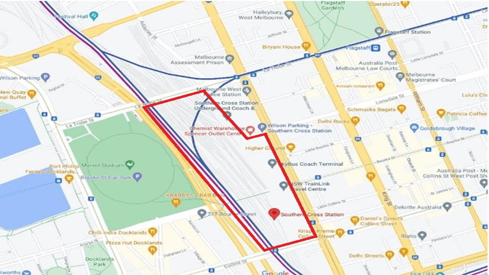 The area bound by and including, the intersection of Southern Cross Railway Station and surrounding area encompassing Collins Street, Spencer Street including Bourke Street, Pedestrian Bridge, Lonsdale Street West of Spencer Street, LaTrobe Street, and Wurundjeri Way.