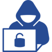 Icon of a hooded person using a laptop, with a sign of a broken lock. 