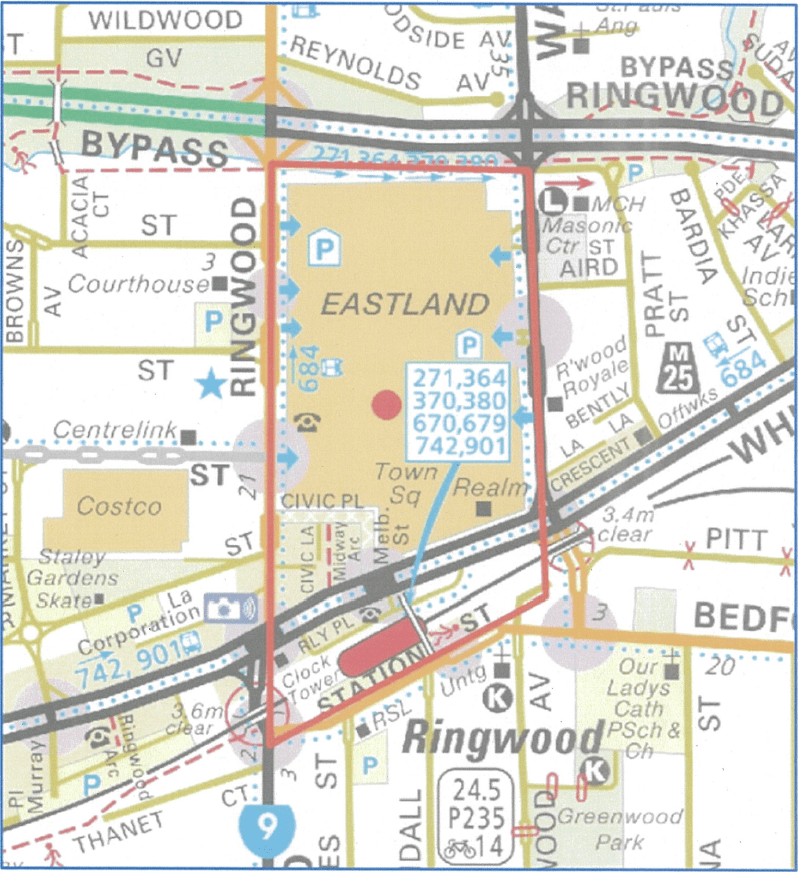 Map of Ringwood railway station and Eastland Shopping Centre, bound by Station Street to the south, Ringwood Street to the west, Ringwood Bypass to the north, Warrandyte Road to the east. 