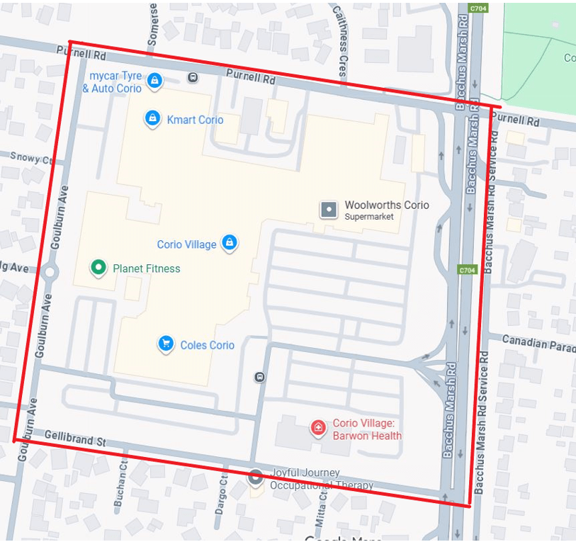 Map of the area bound by Bacchus Marsh Road, Purnell Road, Goulburn Road and Gellibrand Street.