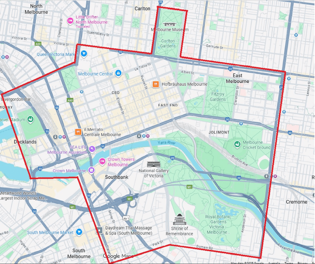 The map of the designated area containing all public places within the area of Melbourne CBD. 