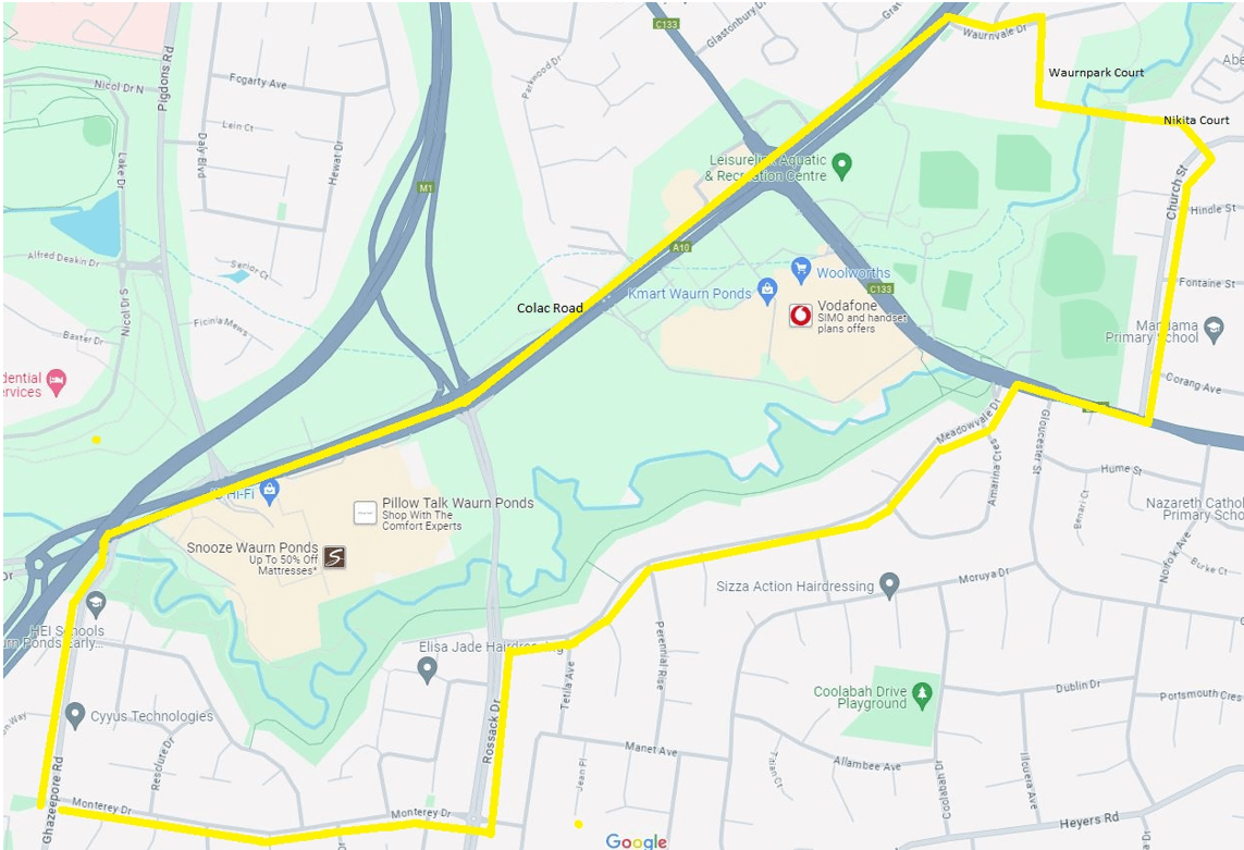 The map of the designated area containing all public places Waurn Ponds Shopping Centre and surrounding area.