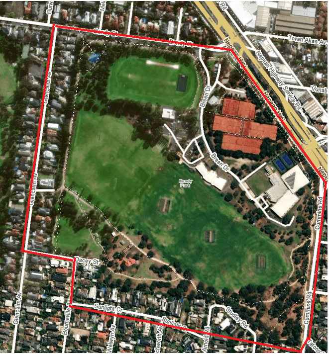 Map of Dendy Park bounded by Dendy St to the north, Nepean Hwy to the northeast, Cummins Rd to the east, Dacey St, Bourneville Ave, Sunlight Cres, Arnold Rd, Studley Rd to the south, Glencairn Ave to the west.