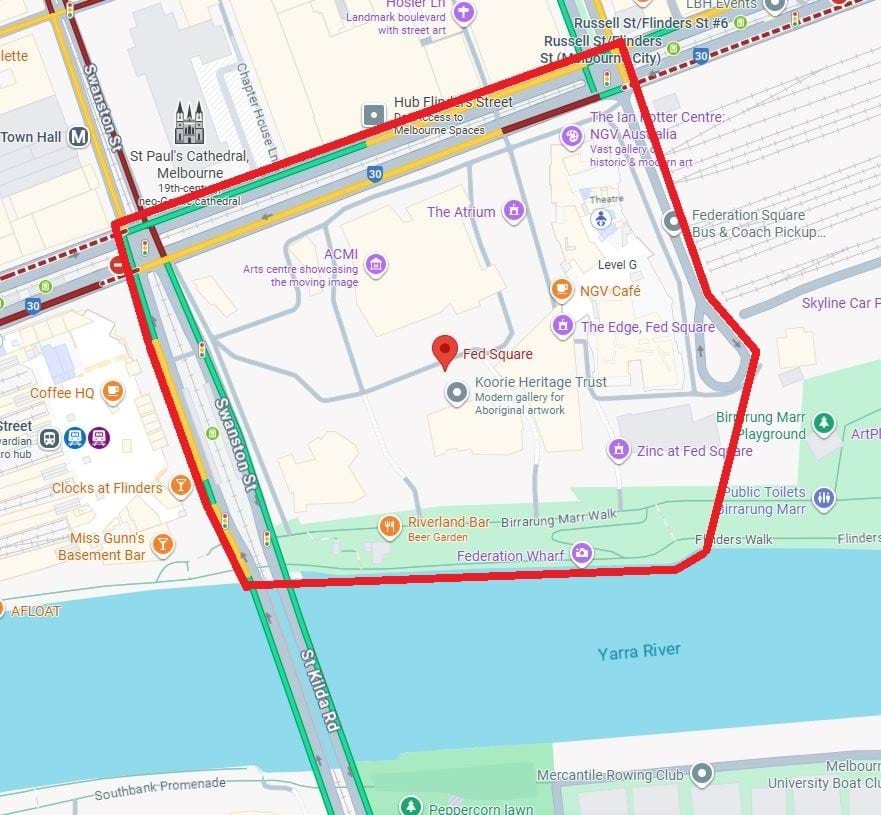 Map of boundary area for special powers at the Pillars of Light festival at Federation Square on 18-12-25 - 21-12-25. Map shows Northern side of Flinders Street, Western side of Swanston Street, Northern side of the Yarra River and Eastern side of Russell Street Extension extending south to the Yarra River.