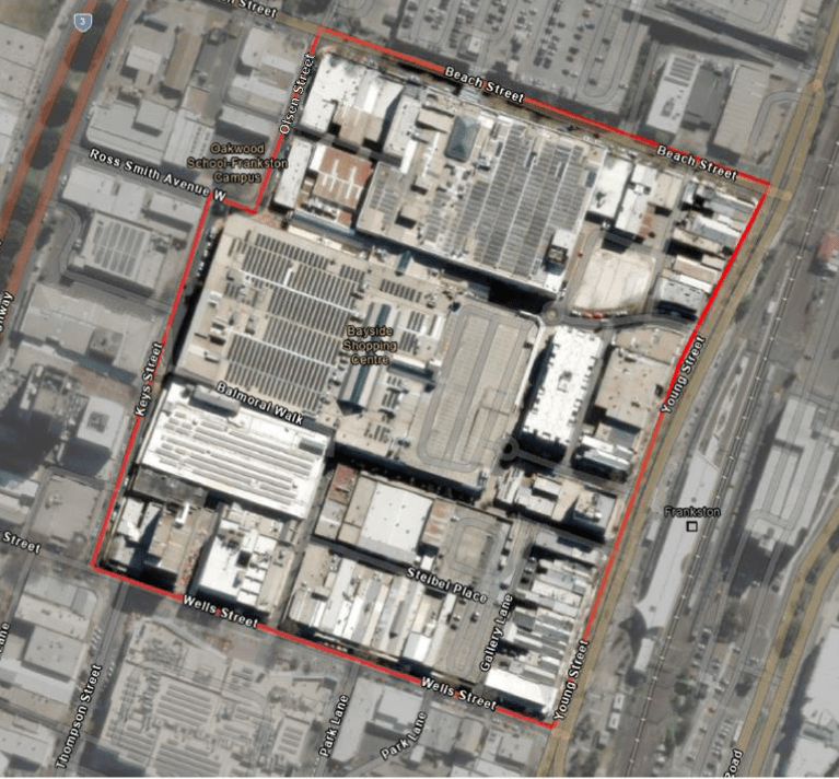 Map of the area bounded by north to the intersection of Young Street and Beach Street  west to the intersection of Beach Street and Olsen Street  south to intersection of Olsen Street and Ross Smith Avenue West  west to the intersection of Ross Smith Avenue West and Keys Street  south to intersection of Keys Street and Wells Street, and   east to the intersection of Wells Street and Young Street, Frankston.