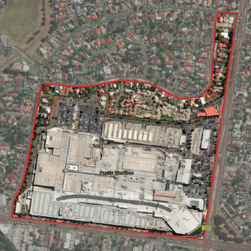 Map of the area north to the intersection of Derrimut Road and Barber Drive  west to the intersection of Barber Drive and Johnson Avenue,  south and west to the intersection of Johnson Avenue and Barber Drive  south to the intersection of Barber Drive and Heaths Road  east to the intersection of Heaths Road and Derrimut Road, Hoppers Crossing.