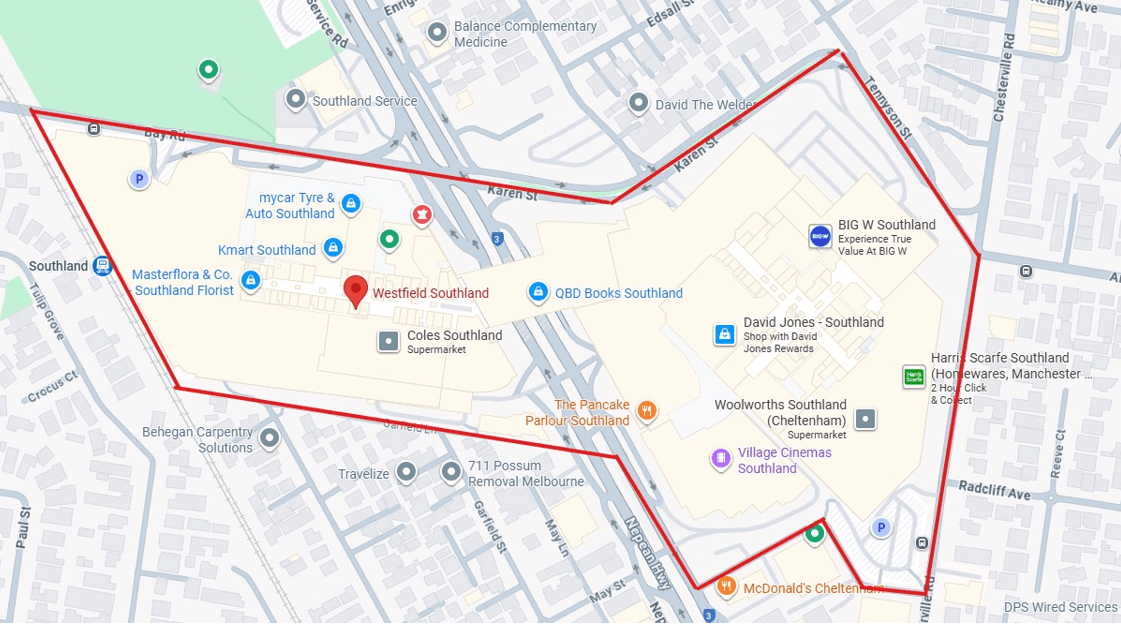 Map of the designated place around Southland Shopping Centre.