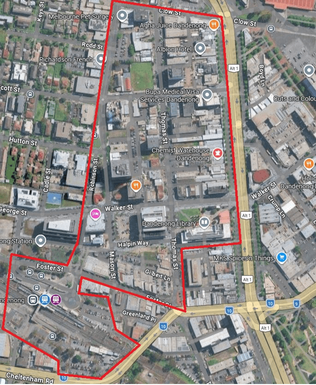 Map of the area bound by South of Clow St, west of Lonsdale St, north of Garner Ln, east of Thomas St, north of Foster St, south-west of Greenland Pl, north-west of Cheltenham Rd, north of Station St and east of Robinson St.