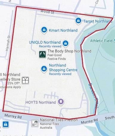 The map of Northland Shopping Centre, Preston. 