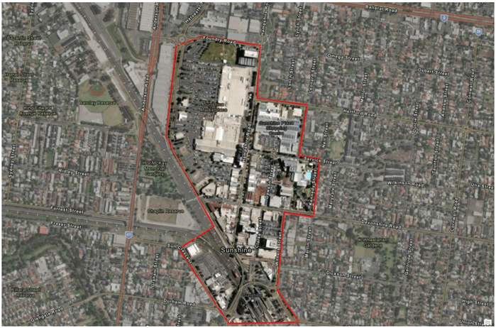Map of police powers from 12.00 p.m. to 10:00 p.m. on 8th February 2026, within a designated area containing Sunshine Railway Station and Central Business District including shopping precincts (Sunshine Plaza Shopping Centre, Sunshine Marketplace and Sunshine CBD) and all public places within the area.
