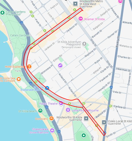 Map of the area bound by the intersection of Acland Street and Barkly Street along Acland Street to the intersection of Carlisle Street along Carlisle Street which continues into the Esplanade along the Esplanade to the intersection of Fitzroy Street along Fitzroy Street to the intersection of Balluk William Court back along Fitzroy Street to The Esplanade along The Esplanade to Acland Street (including McDonald's restaurant) along Acland Street to the intersection of Barkly Street. 