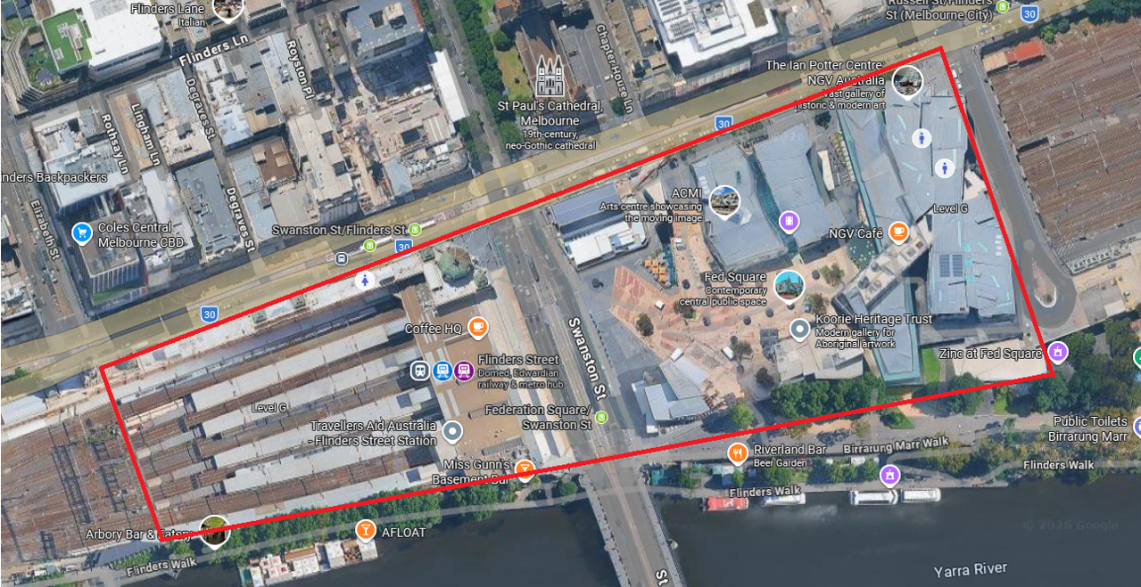 Map of the area east from the junction of Flinders Walk and the Elizabeth Street pedestrian underpass of Flinders Street Railway Station to the South East corner of Federation Square, north to the intersection of Russel Street Extension and Flinders Street, west to the intersection of Flinders Street and the Elizabeth Street pedestrian underpass of Flinders Street Railway Station, south to the intersection of Flinders Walk and the Elizabeth Street pedestrian underpass of Flinders Street Railway Station