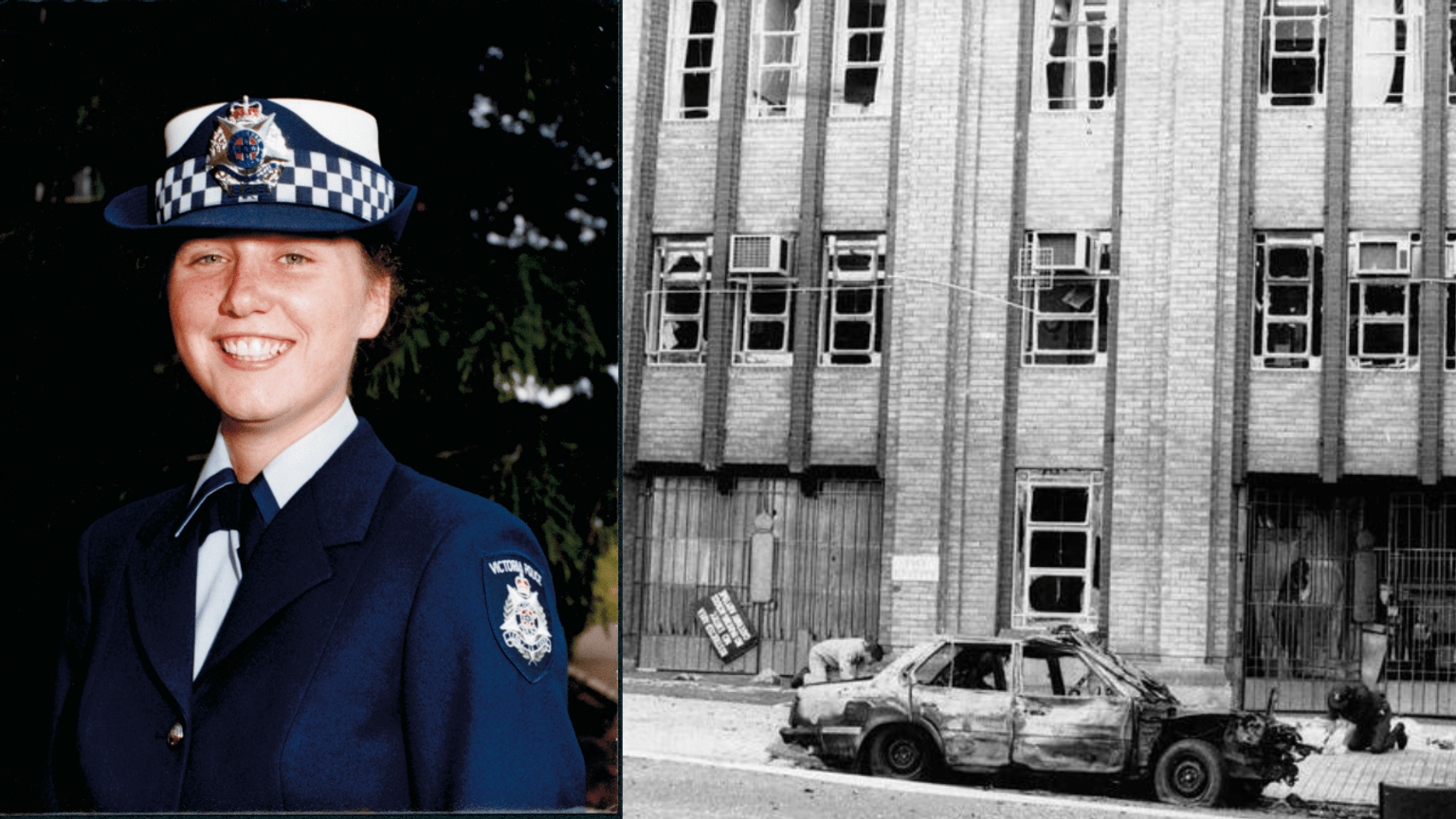 Constable Angela Taylor, pictured at left, was fatally injured when a car bomb exploded outside the Russell Street Police Headquarters, pictured right.