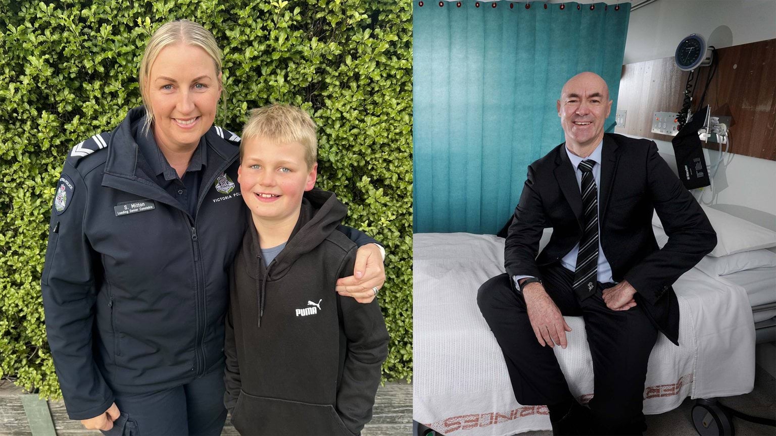 Police Life – Police officer standing next to her son on the left of the image. On the right is a detective sitting on a hospital bed.