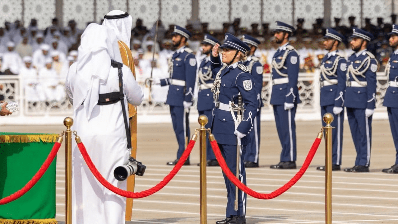 Police Life: Det Sen Const Megan Lewis is pictured saluting to two officials at the course graduation ceremony in the UAE.