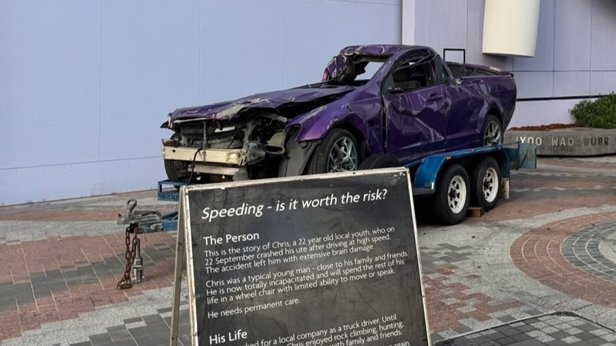Crash car parked in front of Geelong Arts Centre