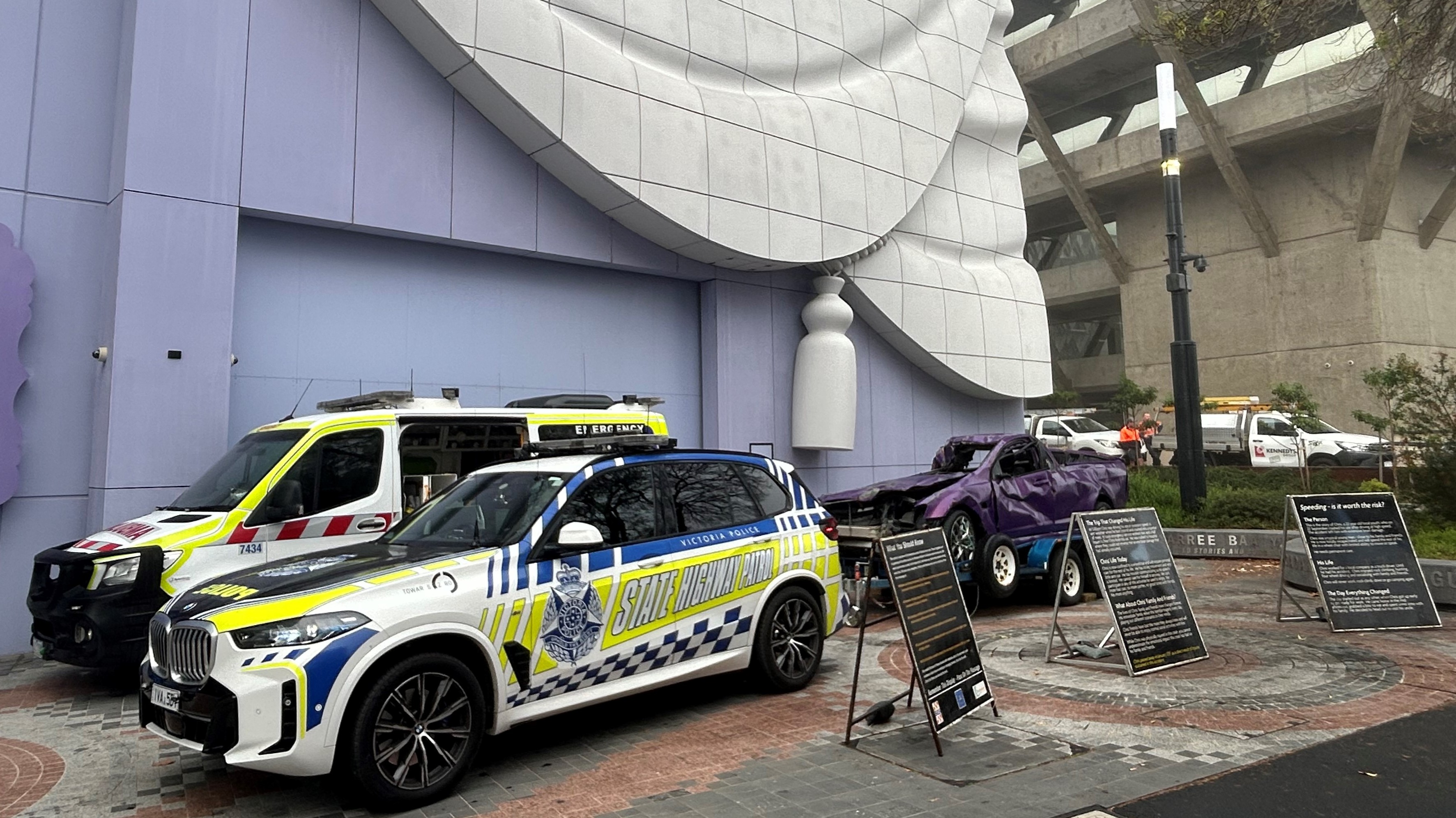 Police car, ambulance and crash car at the Geelong Arts Centre