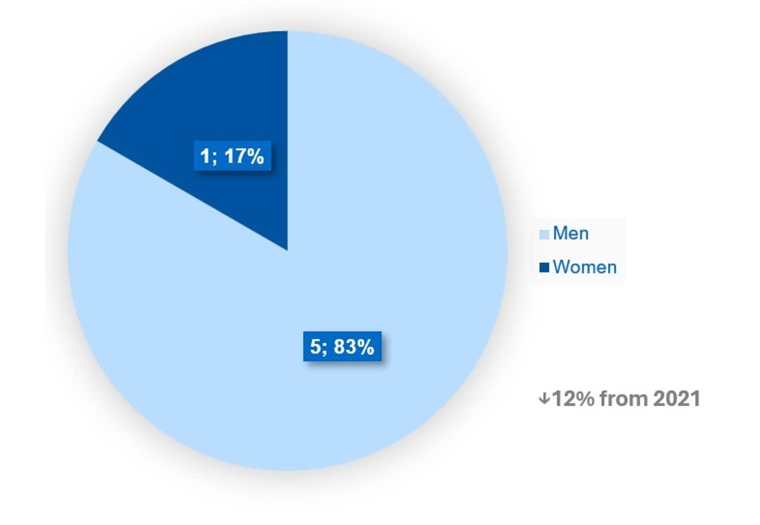 In 2025, the Governing Body was made up of one (17%) woman and five (83%) men. From 2021 to 2025, there was a 12% decrease in women’s representation.